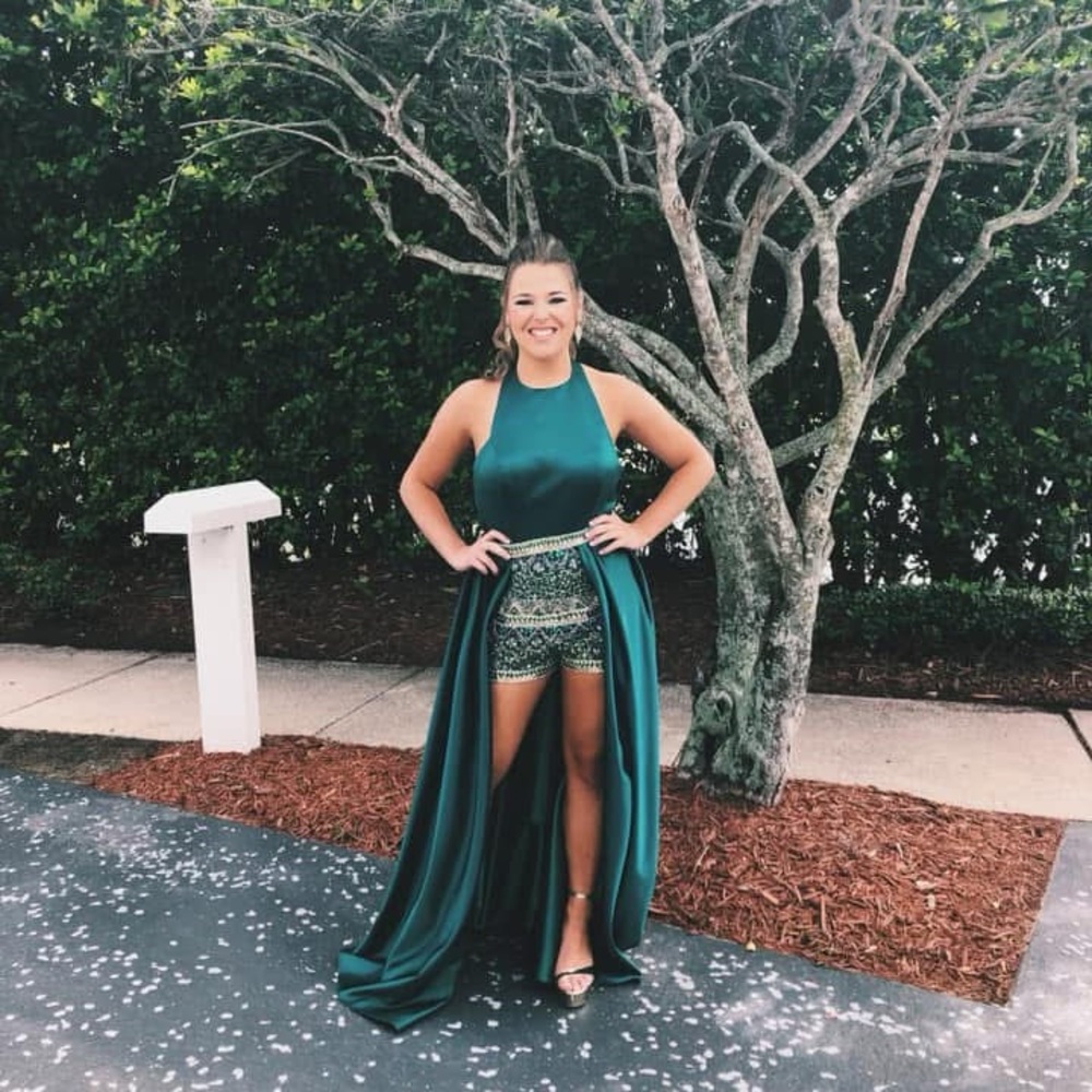 Elegant Green Halter romper with overlay